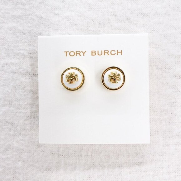 Tory Burch Melodie Pearl Logo Stud Dome Earrings White/Gold OS - Picture 1 of 12